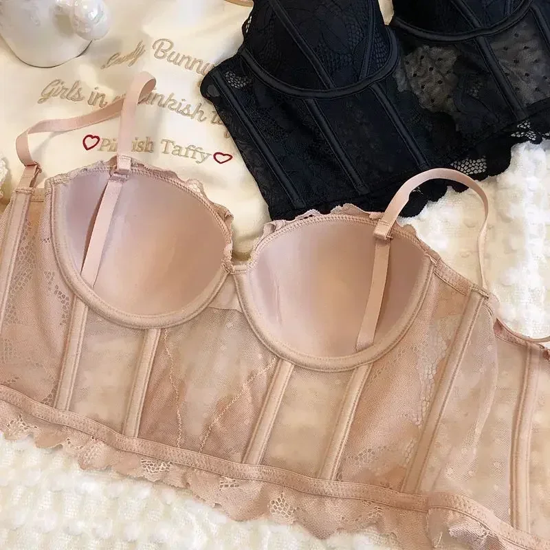 Hot Girl Bustier Top Women Sexy Shapewear Lingerie Bralette Mesh Transparent Corsets Club Lace Crop Top Bra Underwear Fajas New