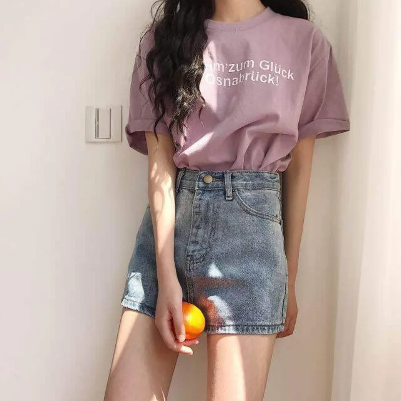 Women's Summer New Lolita Kawaii Light Colored Combination High Waist Button Zipper Pocket Wide Leg Ragged Edge Denim Shorts