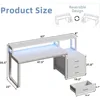 67 Inch Computer Desk with Drawer & LED Lights, Home Office Desk with Storage Shelves, Reversible Workstation for Bedroom, Moder 2