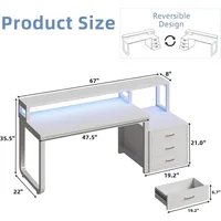 67 Inch Computer Desk with Drawer & LED Lights, Home Office Desk with Storage Shelves, Reversible Workstation for Bedroom, Moder 2