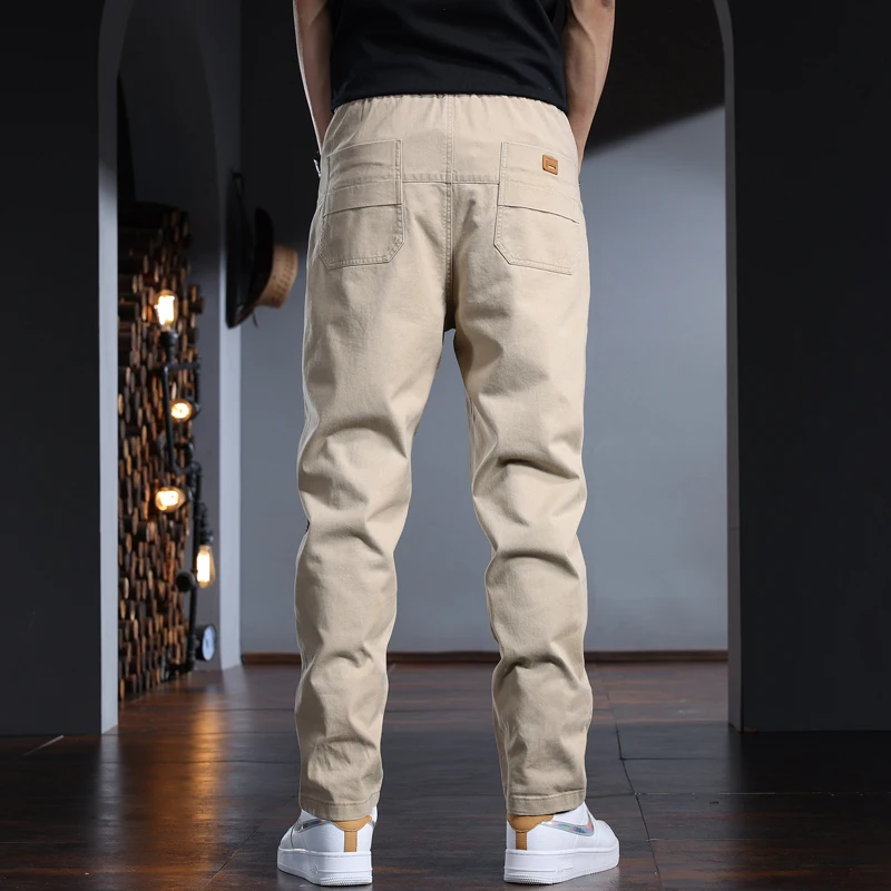 Khaki Cotton Baggy Men's Pants Casual Straight Elastic Waist Drawstring Trousers CP2218