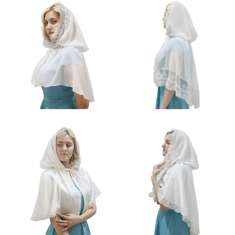 

Lace Shawls Lace Chapel Veil, White Hooded Cloak Wrap Lady Mantilla Princess Costume Photography Hoodie for Masquerade