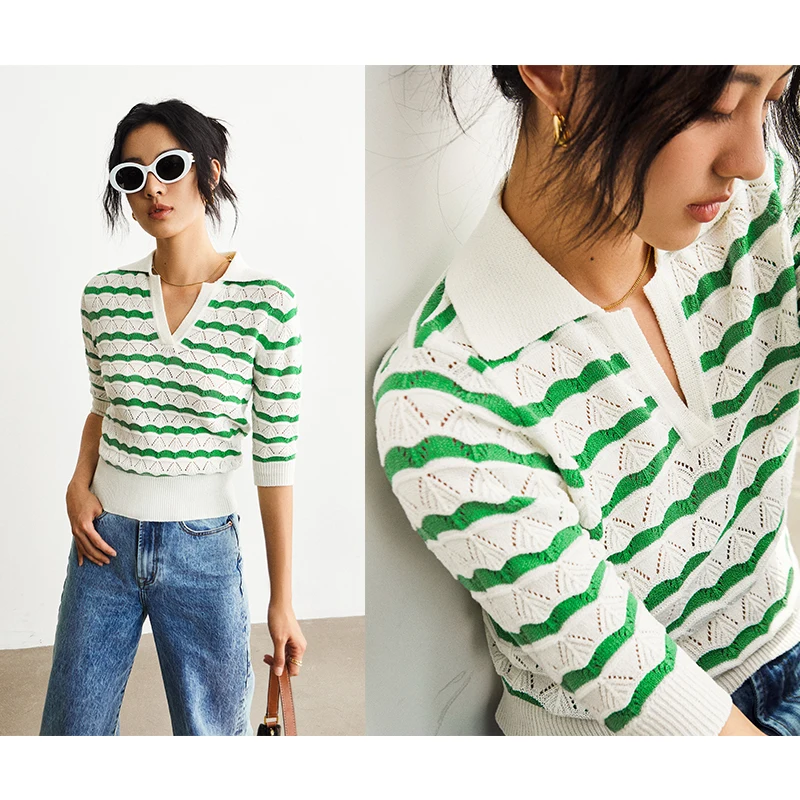 Women's Small Fresh Striped Knit with Cut-Out Design Lapel Short Sweater Summer 2024 Free Shiipping