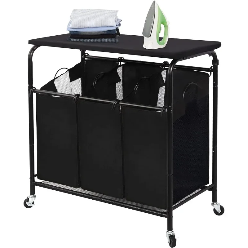 MANIAC 3-Section Laundry Sorter with Foldable Ironing Board, Heavy-Duty Rolling Laundry Cart with and Removable Bags,