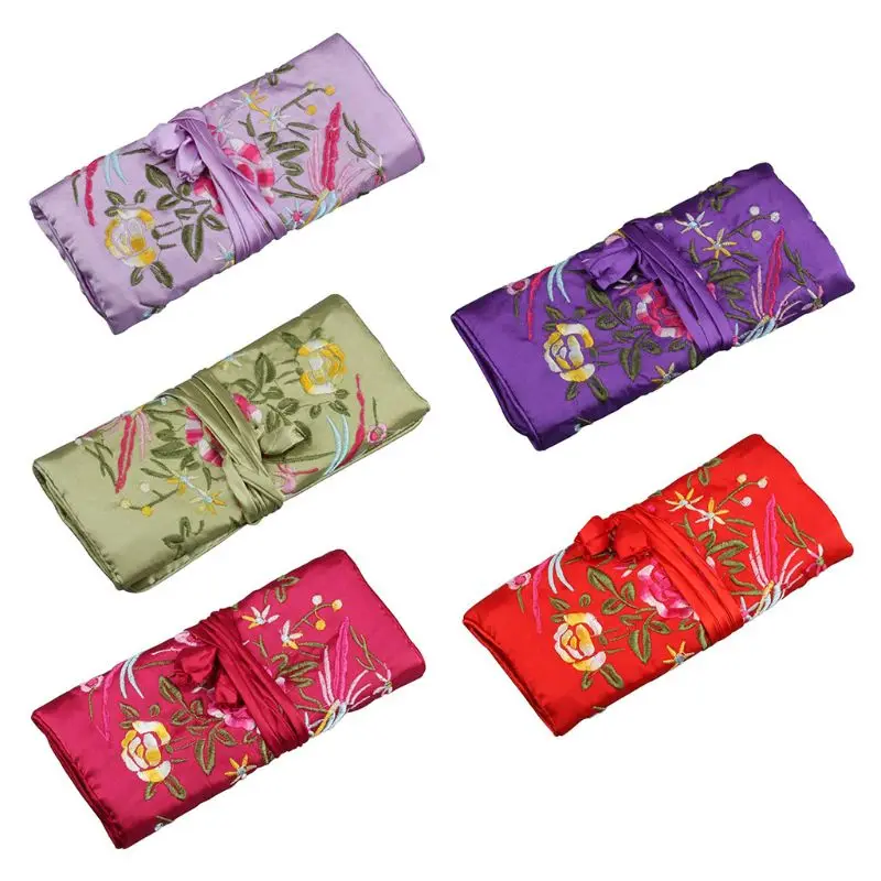 

E15E Silk Brocade Jewelry Roll Wrap Gift Bags Coin Purse Embroidered Candy Chocolate Bag for Wedding Party