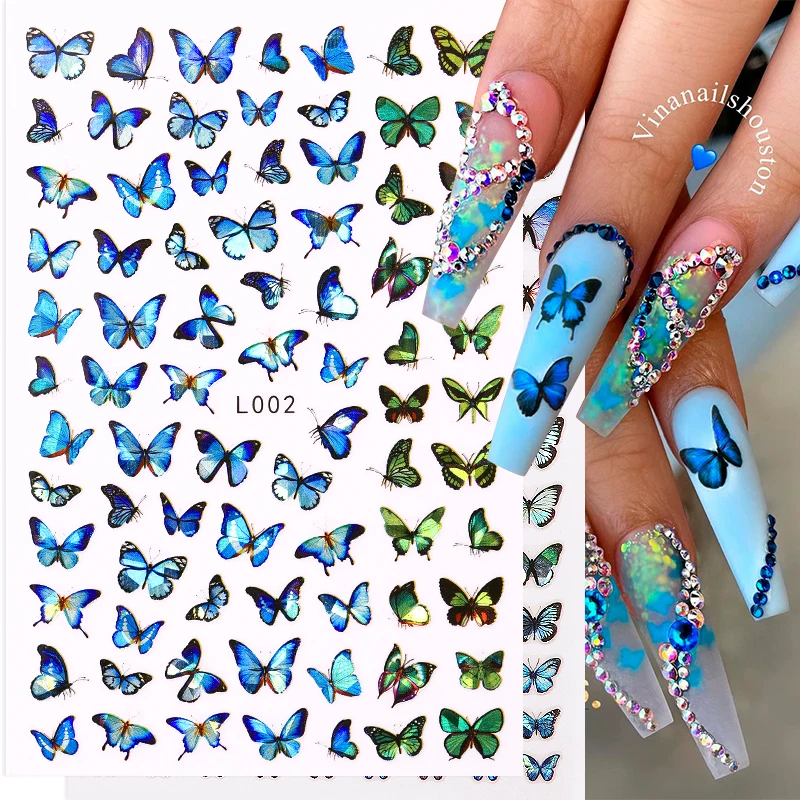 3D Nail Stickers Colorful Blue Butterfly Self-Adhesive Slider Spring Wraps Nail Art Decorations Decals Manicure Accessories 1PC nail stickers nail art decoration nail decals