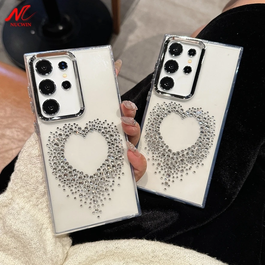 Luxury diamond case for Samsung S25 Ultra for women and girls, love heart cover for Samsung Galaxy S24 S23 S22, ultra-clear polyurethane case.