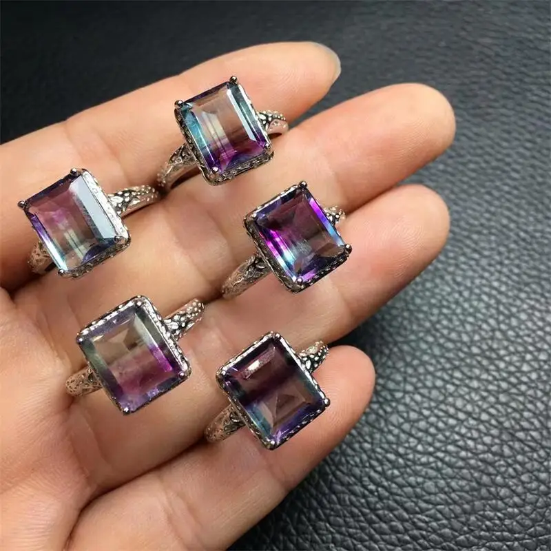 

S925 Charm Colourful Fluorite Cube Facet Rings Trendy Creative Finger Vintage Jewelry For Women Healing Party Gift 1PCS