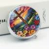 Stained Glass Style Cross Pill Organizer,2-Compartment Portable Religious Medicine Case,Compact Vitamin Holder for Pocket Purse 4
