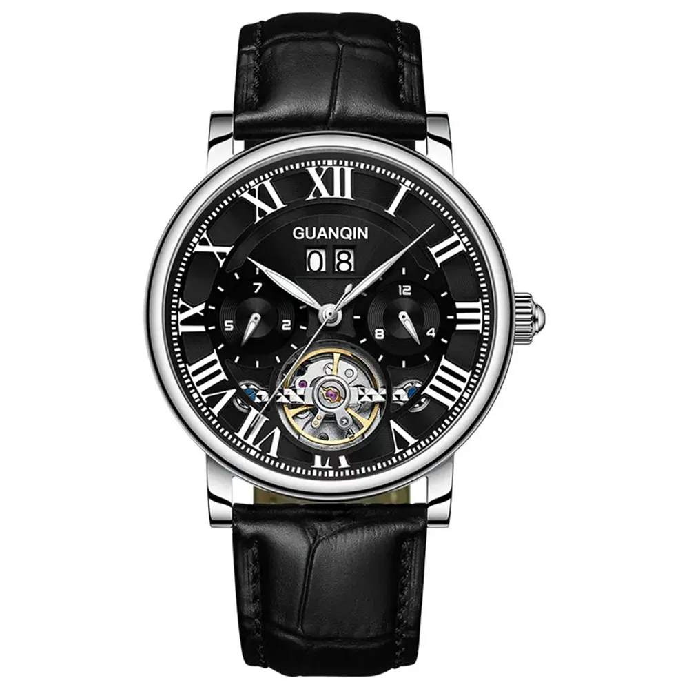 GUANQIN Reloj de pulsera mecánico de cuero luminoso para hombre, cristal de zafiro, resistente al agua, automático, reloj militar de tourbillon_voghion.com
