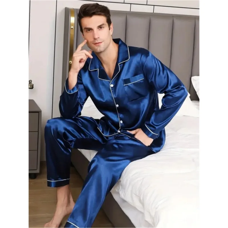 Men's Pajamas Set Silk Satin Sleepwear Long Sleeve Nightwear Male Home Suit Soft Loungewear Leisure Big Size Sleepsuit 2pcs/set images - 6