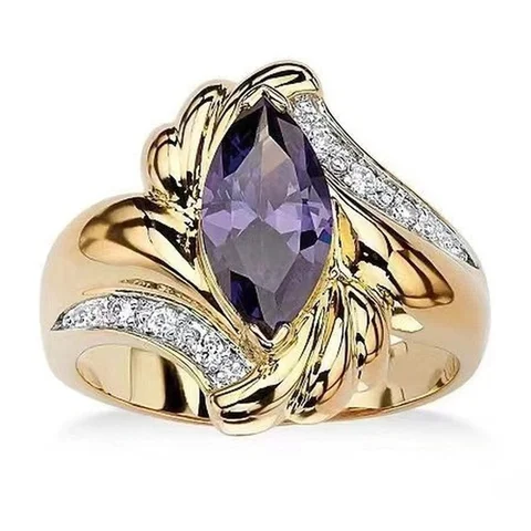 18K Gold Amethyst Flower Diamond Rings for Women Bride Wedding Engagement Ring Birthday Party Anniversary Gift Jewelry