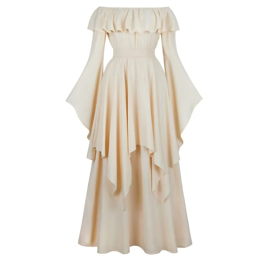 

Vintage Bell Sleeve Medieval Off Shoulder Elastic High Waist Smocked Renaissance Dress For Women Halloween Cosplay Costume