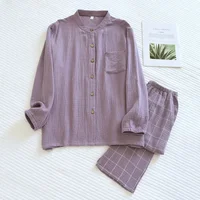 2026 Japanese style new couple sleepwear set 100% cotton crepe fabric long sleeved long pants two-piece home wear pajama - Image 2