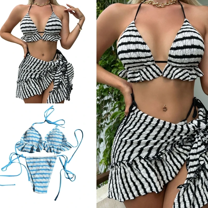 

Women Halter Bikinis Set Female Stripe Bathing Suit with Ruched Beach-Skirt 3 Pieces Swimwear Lace Up Swimsuit Beachwear