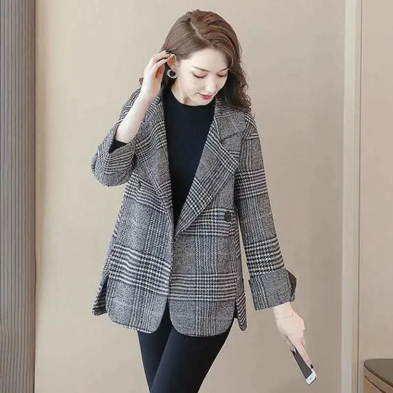 

Женское шерстяное пальто, повседневная клетчатая куртка в стиле «гусиные лапки», верхняя одежда в Корейском стиле, весна-осень-зима, 2024