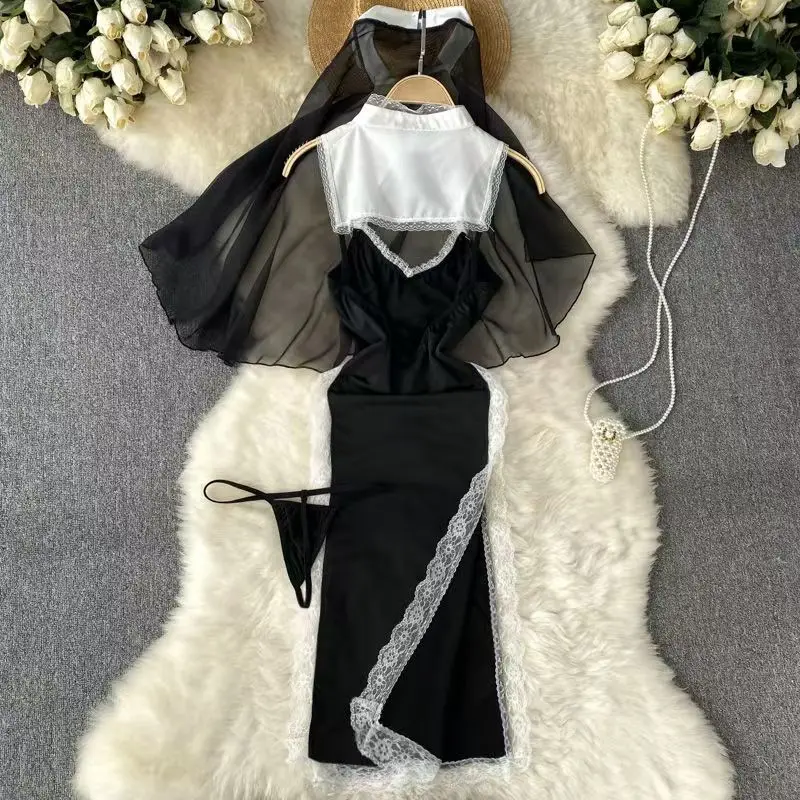 Lace Patchwork High Split Women Dress Sleeveless Slim Fit Halter Neck Dress Cosplay Nun Uniform Erotic Pajamas Hollow Out Dress