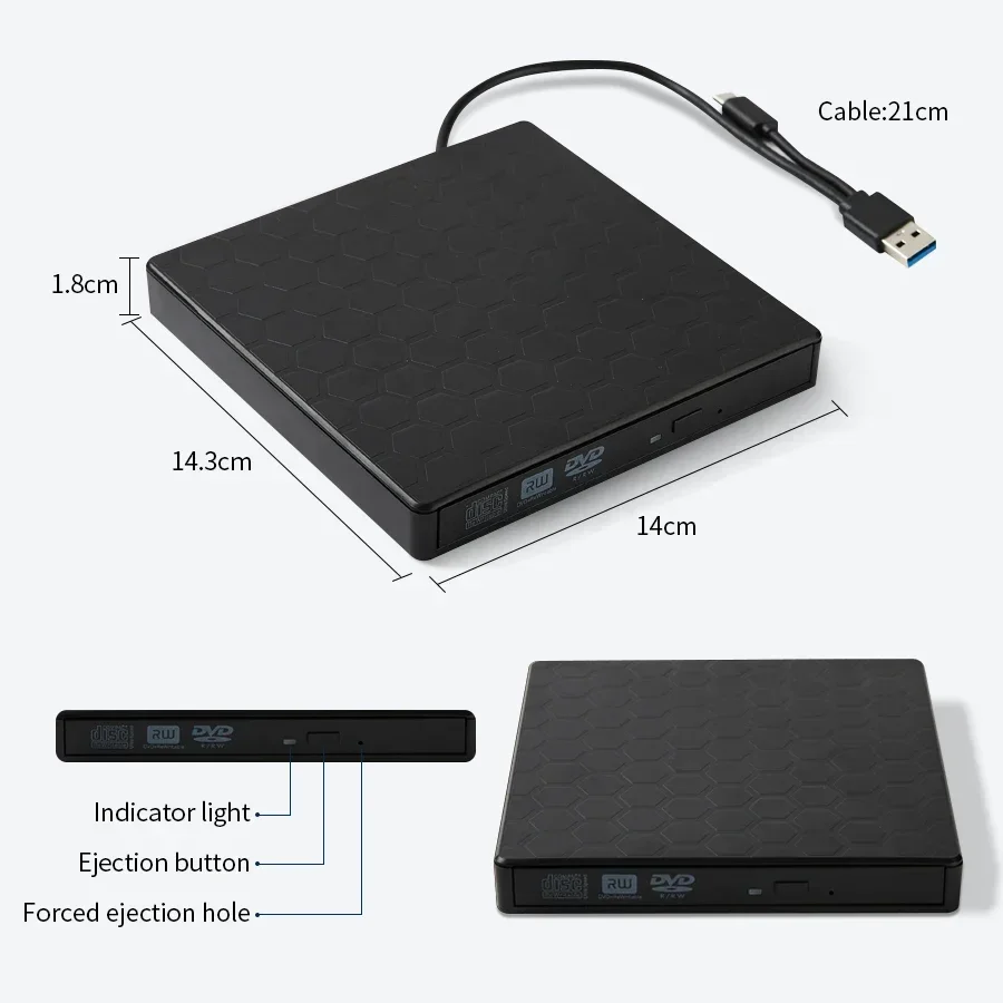 External CD DVD Drive USB 3.0 Type C 2-in-1 CD Player blu ray Burner DVD RW Writer Reader DVD-ROM Burner for Laptop Desktop