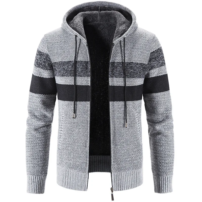 2023 Autumn Winter New Men's Velvet Thickened Hooded Knitwear Cardigan Striped Loose Sweater Casual Fashion Coat Solid Color Top