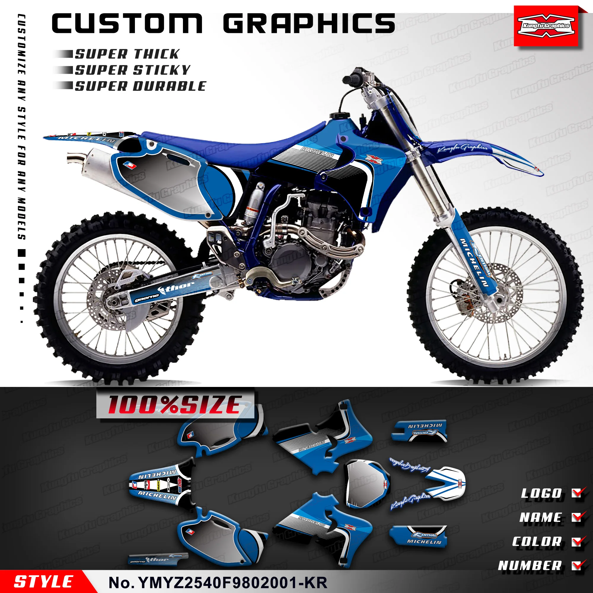

KUNGFU, графика, пользовательские наклейки, комплект, полная наклейка для Yamaha YZ250F YZ450F 1998 1999 2000 2001, YMYZ2540F9802001-KR