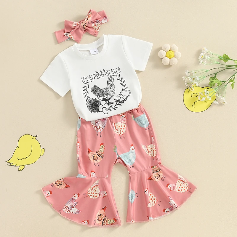 

Kids Girls 3 Piece Outfits Chicken Print Short Sleeve T-Shirt and Flare Pants Headbands Set Summer Clothes 0-3Y