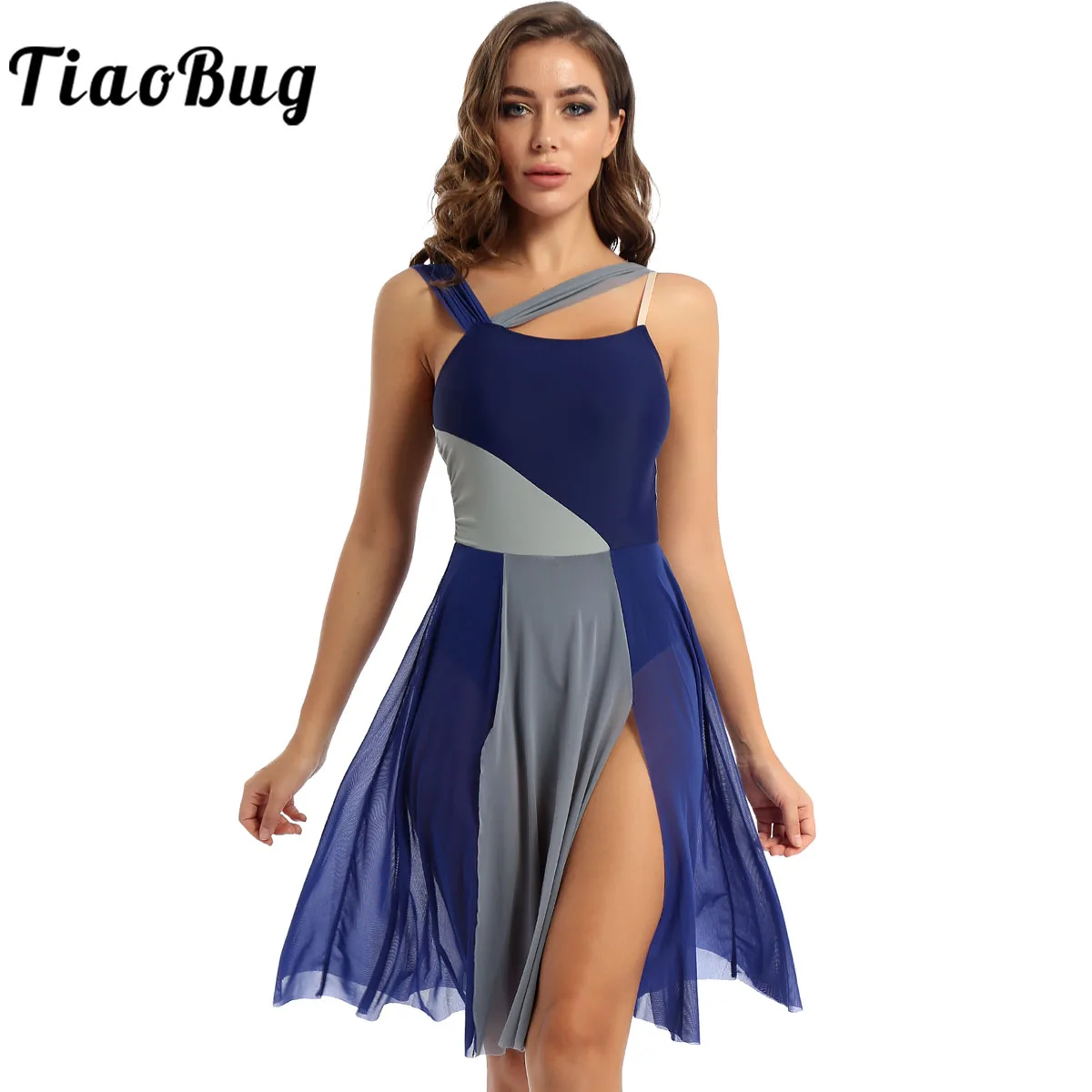 

Women Sleeveless Ballet Modern Contemporary Lyrical Dance Dress Asymmetrical Mesh Splice Leotards Stage Performance Costumes