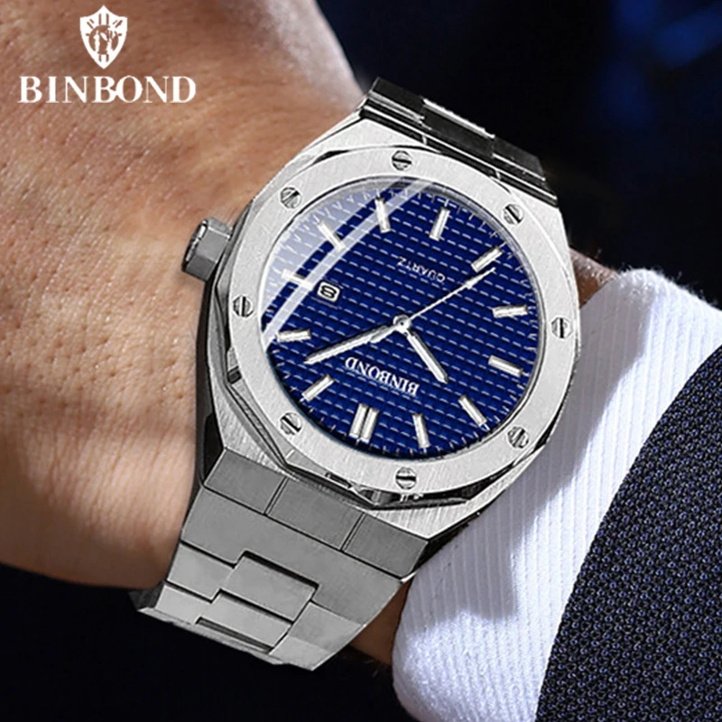 BINBOND Mens Watch Top Brand Royal Casual Men Big Dial Silver Stainless Steel Calendar Quartz Wristwatch Classic Luminous B0233