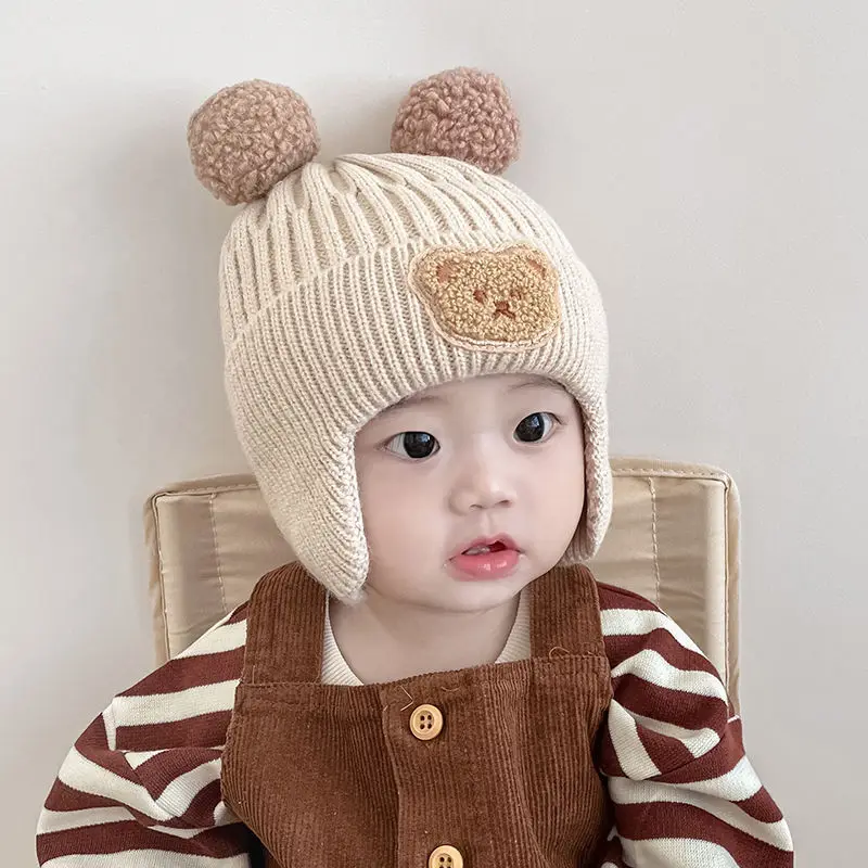 Winter Baby Beanie Cap Cartoon Bear Ear Protection Knitted Hat for Toddler Boys Girls Cute Korean Warm Kids Crochet Hats Gorros 2