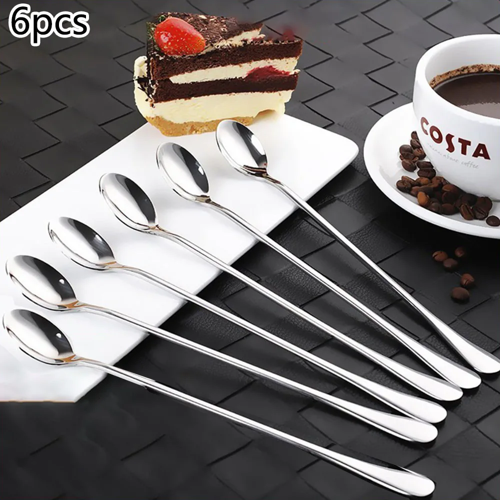 For Picnic Drinkware Tableware KitchenSupply Stainless Steel Coffee Spoon Long Handle Ice Cream Dessert Tea Spoon 19.5x2.8cm 6PC stainless steel spoon