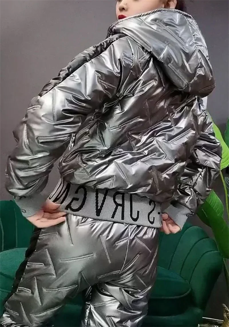 Winter Warm Waterproof Glossy Two Piece Sets Women Thicken Down Cotton Parkas Hooded Coats Suits High Wasit Sweatpants Outfits