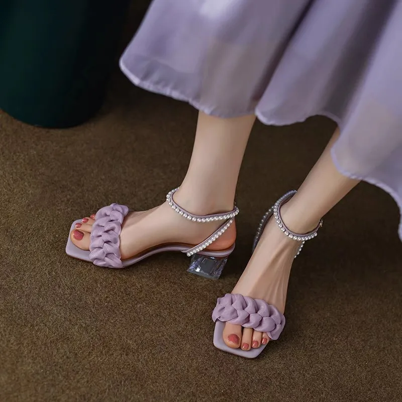 

Women's Sandals 2023 Summer New Pearl Button Sandals Women's Pleated Clouds Medium Heel Sandals Women Heels Women
