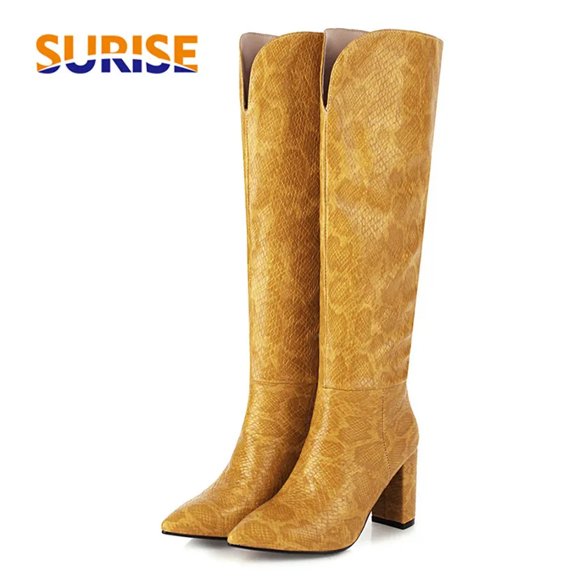 

Plus Size Women Western Knee High Boots Pink Yellow Faux Snakeskin Pointed Toe Chunky Heels Sexy Lady Fashion Cowgirl Long Boots