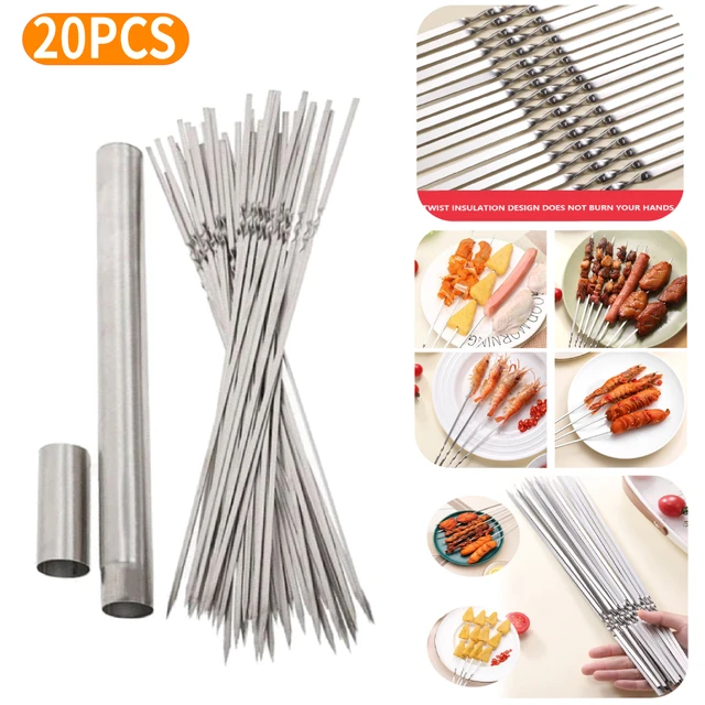 20 db Rozsdamentes Acél Lapos Grillező Nyárs Hordozható Újrafelhasználható Tárolócsővel Kültéri Kemping Piknik Szerszámok