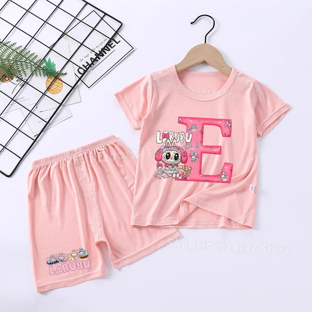 Labubu Melody Baby Pink Pajama Set – Cute Anime A-Z Print Sleepwear for Girls, Lightweight Short Sleeve & Kawaii Shorts 5
