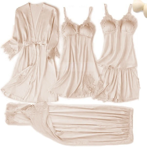 Women Lace Trim Satin Sleepwear Sexy Pyjamas Elegant Pajama Set Summer Nightwear with Pants Casual Home Wear Kimono Robe Gown