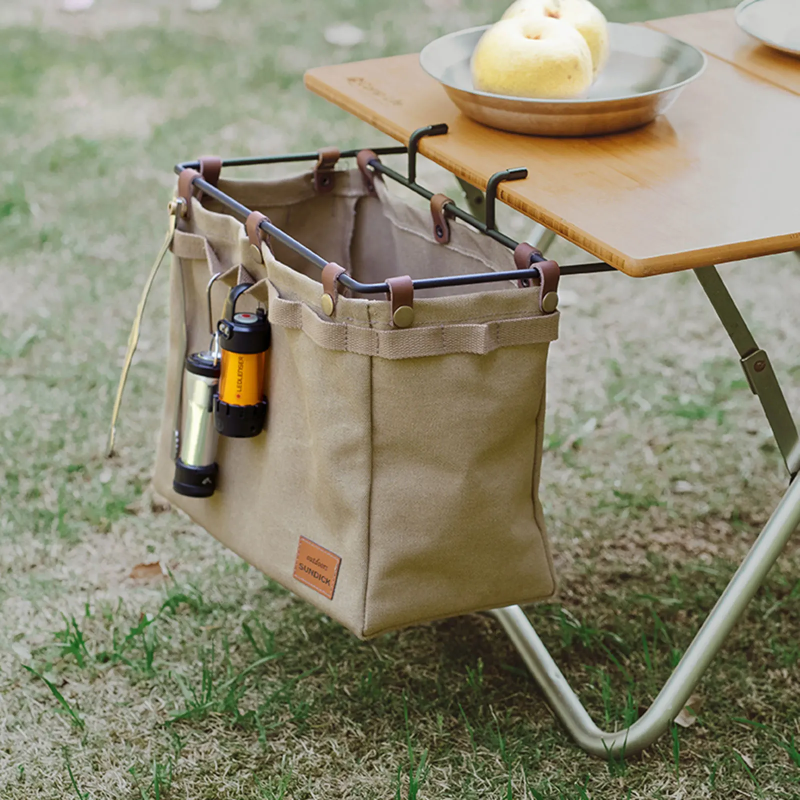 Camping Table Side Storage Bag Multifunctional Folding Canvas Bag with Hook Outdoor Picnic Desk Cookware Hanging Bag