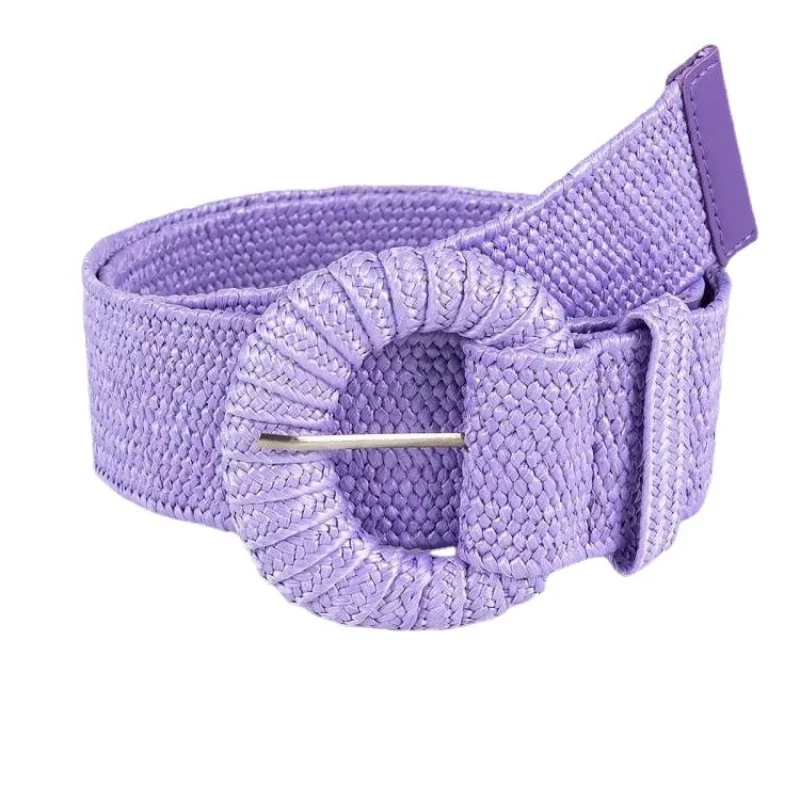

Braided Stretch PP Grass Belt for Women Beach Floral Dress Bohemian Style Summer New Purple Pin Buckle Belt