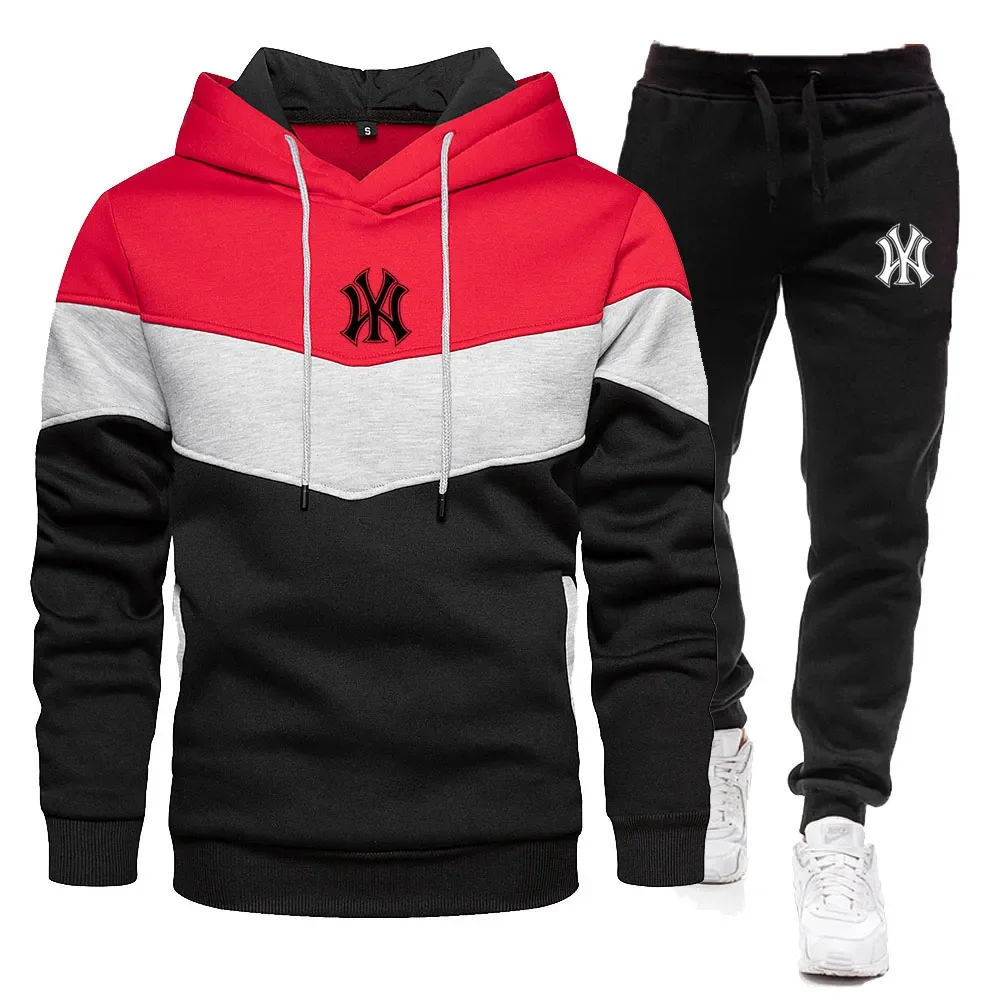 

New Men's Autumn and Winter Set Tri Color Hoodie and Pants Two Piece Casual Fashion Sportswear Casual Wear