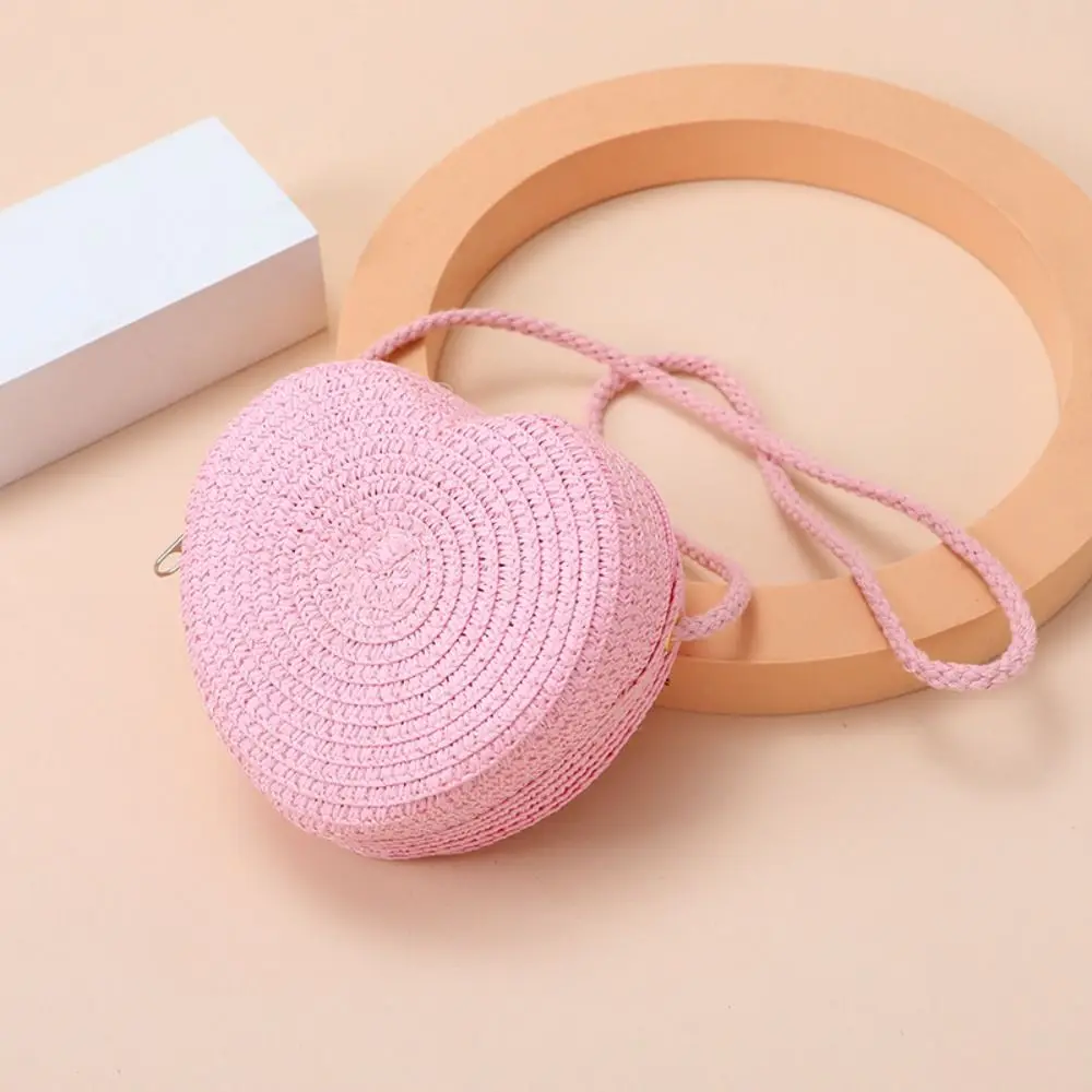 Fashion Woven Straw Shoulder Bags Heart Shape Travel Crossbody Bag Cute Creative Coin Purse for Children