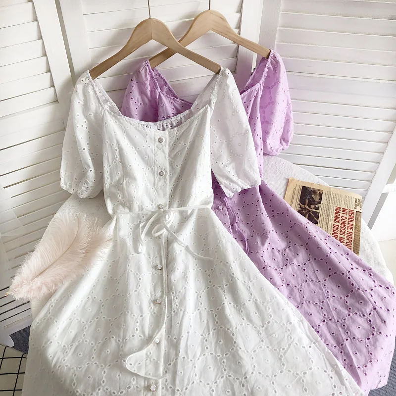 

Summer New Holiday Style Square Neck Off-shoulder Embroidered Hollow Short-sleeved Bandage Waist A-line Dress Women