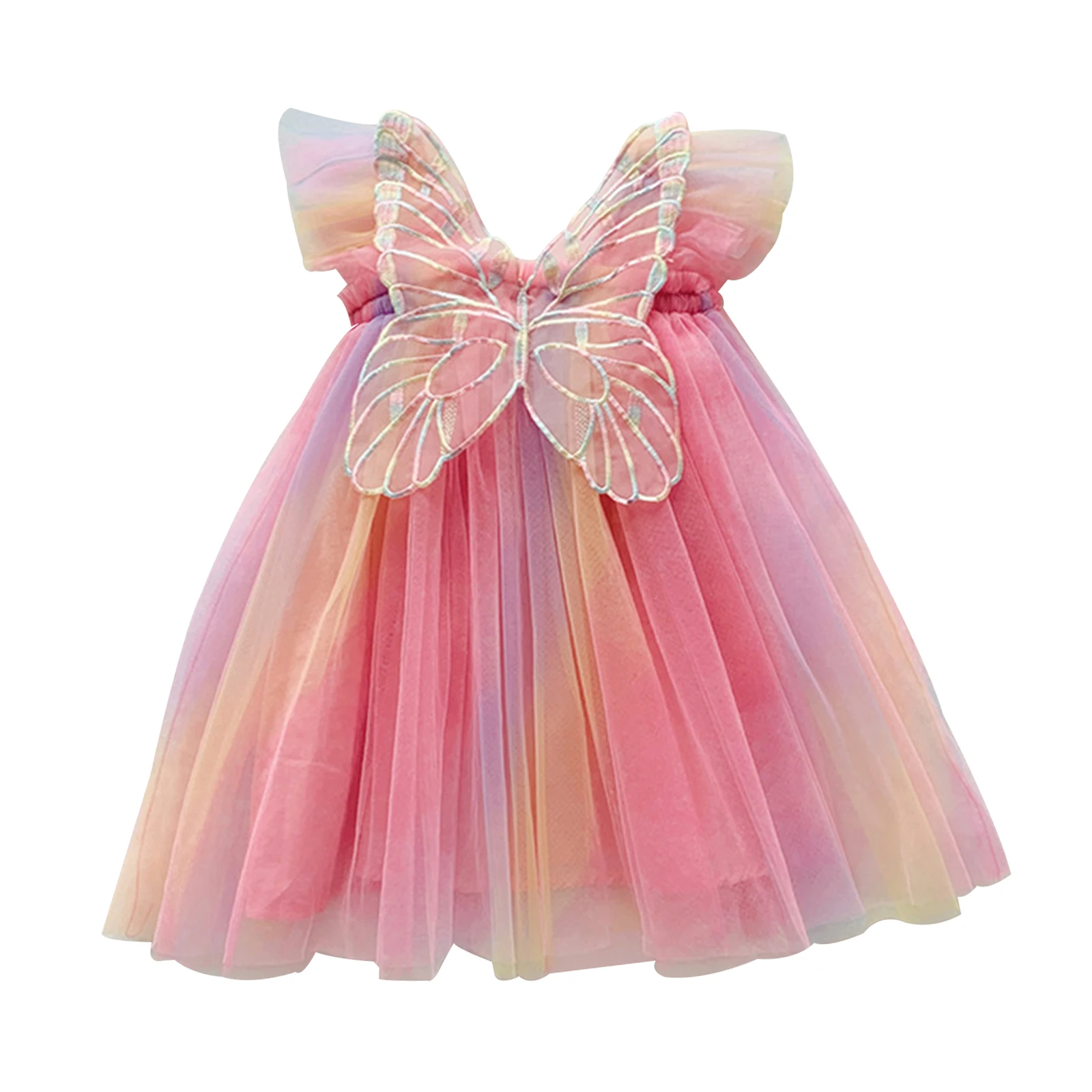 

Tiaobug Baby Girls Rainbow Mesh Dress Toddler Kids Girls Flying Sleeve Butterfly Wings Rainbow Tutu Dress Tulle Princess Dress