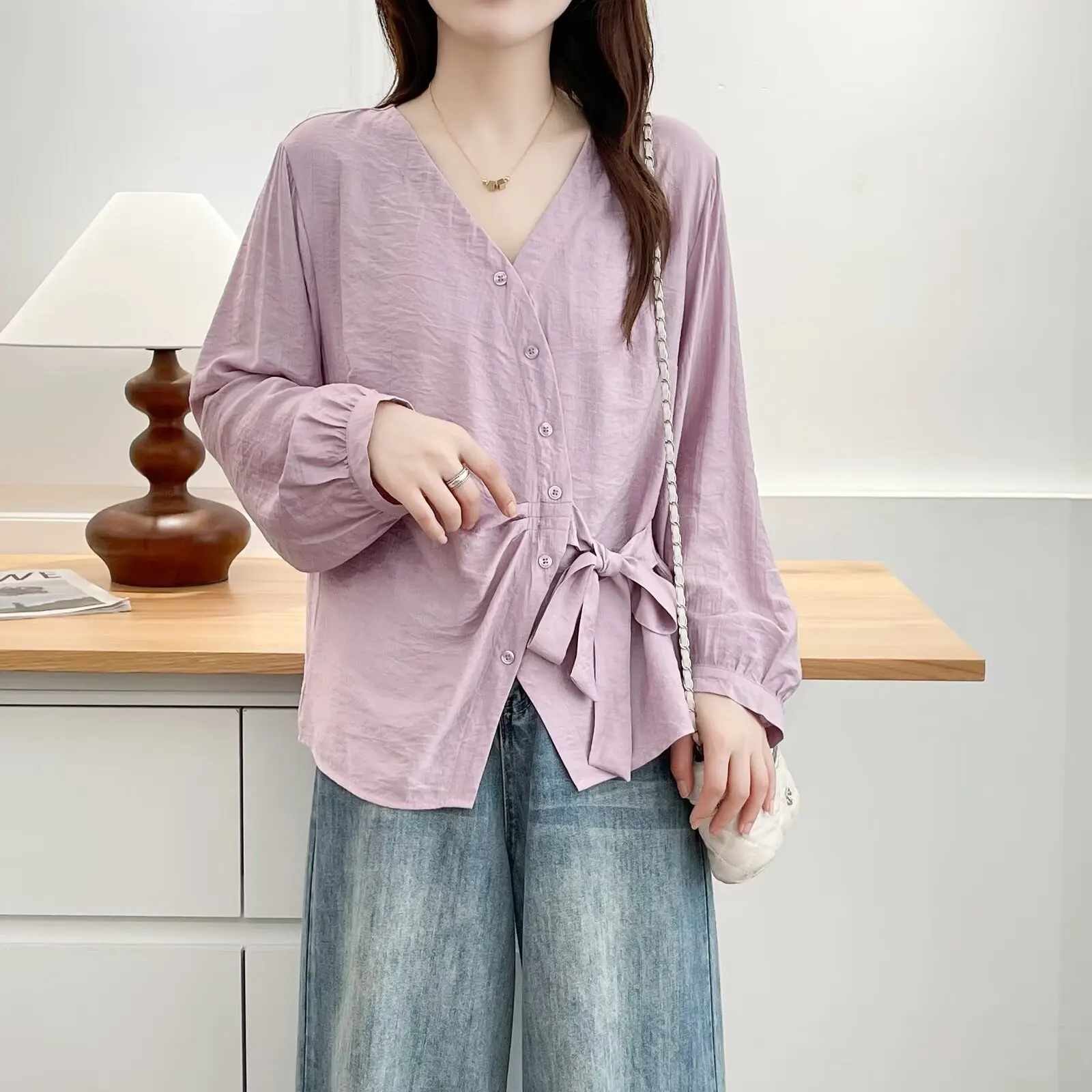 Plus Size Women's Blouses New Stylish Design Side Lace-Up Bow Long Sleeve V-neck Solid Color Shirt 169