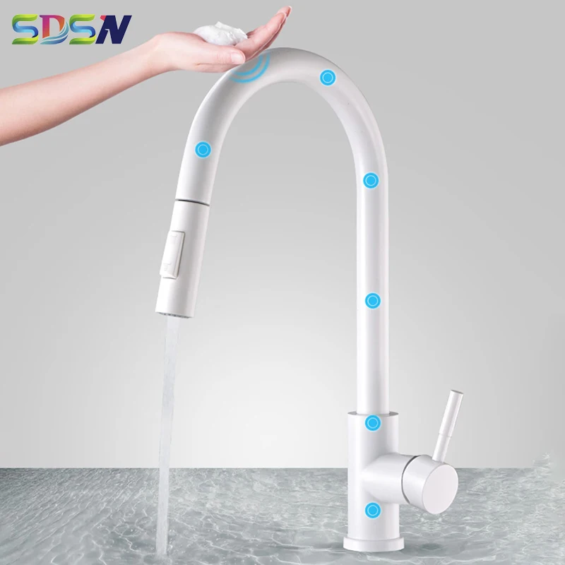 Toque Quente e Frio da Cozinha Toque Mixer Tap Casa Branco Retirar Misturador da Cozinha Torneiras Recém Inteligente Sensível ao Toque Pia da Cozinha Torneiras