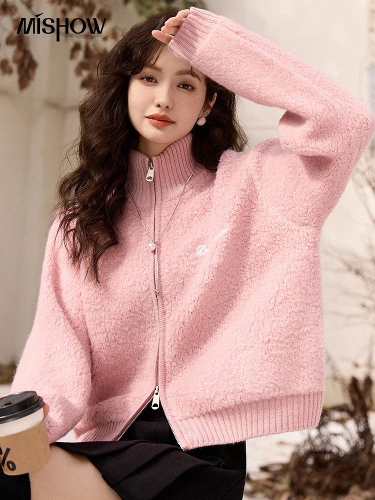 

MISHOW Pink Knitted Cardigan Women Turtleneck Embroidered Sweater Woman Lazy Gentle Lady Long Sleeve Knitwear Jumpers MXC59Z0498