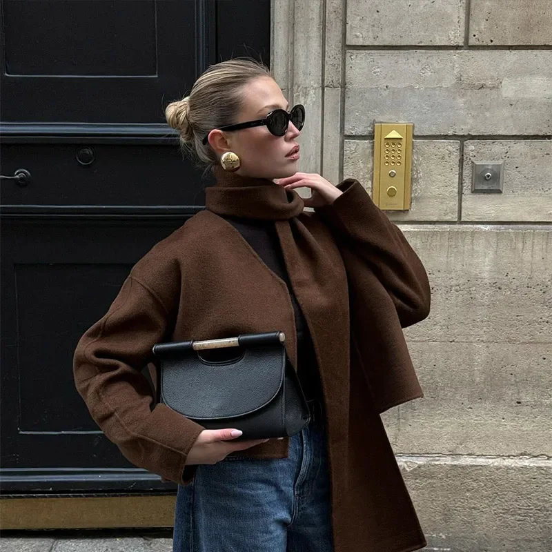 براون الكتف وسادة الصوف مزيج معطف المرأة أنيقة الت...