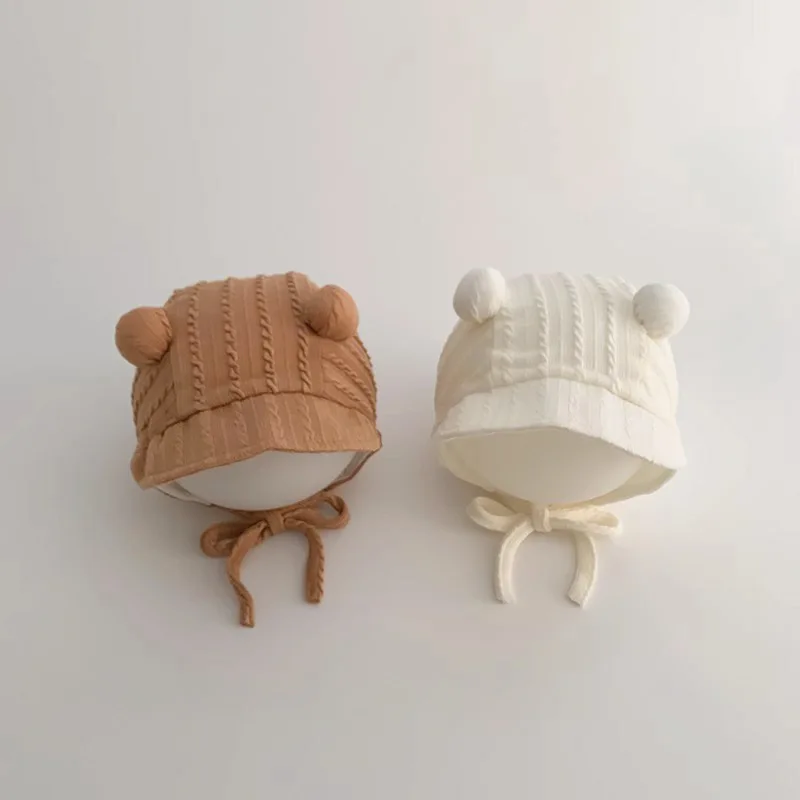0-1Year Baby Winddicht Ohr Schutz Kappe Baumwolle Neugeborenen Fetal Hut Frühling Herbst Sonnencreme Visiere Nette Doppel Ball Infant Beanie – Detail 3