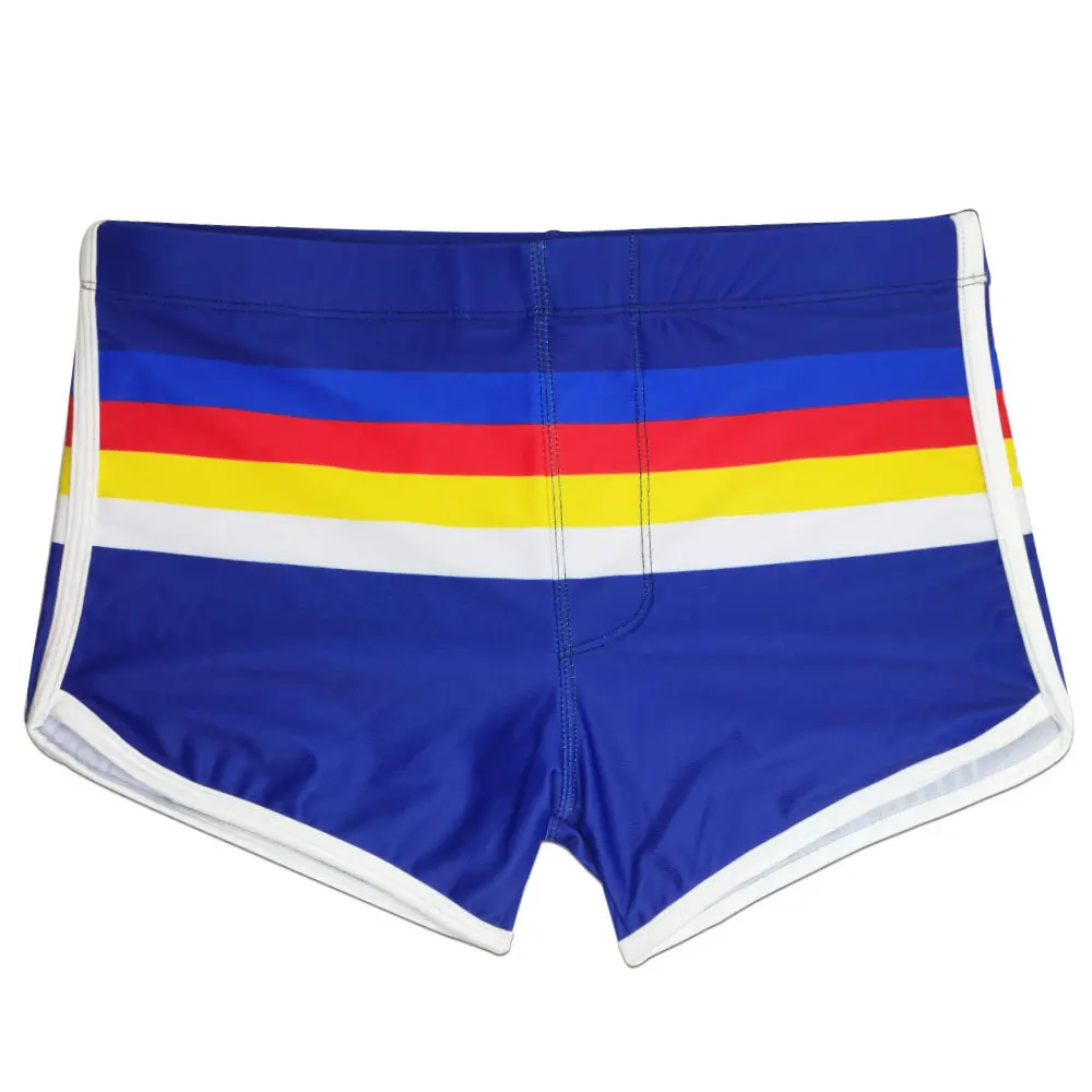 Mens Swim Boxer Briefs Striped Swimsuit Athletic Swimwear Bathing Suit Swimming Trunks Boardshort Beach Underwear Pouch Enhance