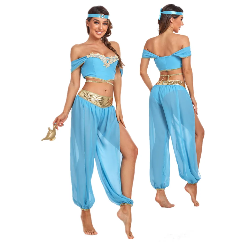 

Women Sexy Aladdin Magic Lamp Princess Jasmine Costume Halloween Carnival Party Dress Up Belly Dance Stage Performance Costume