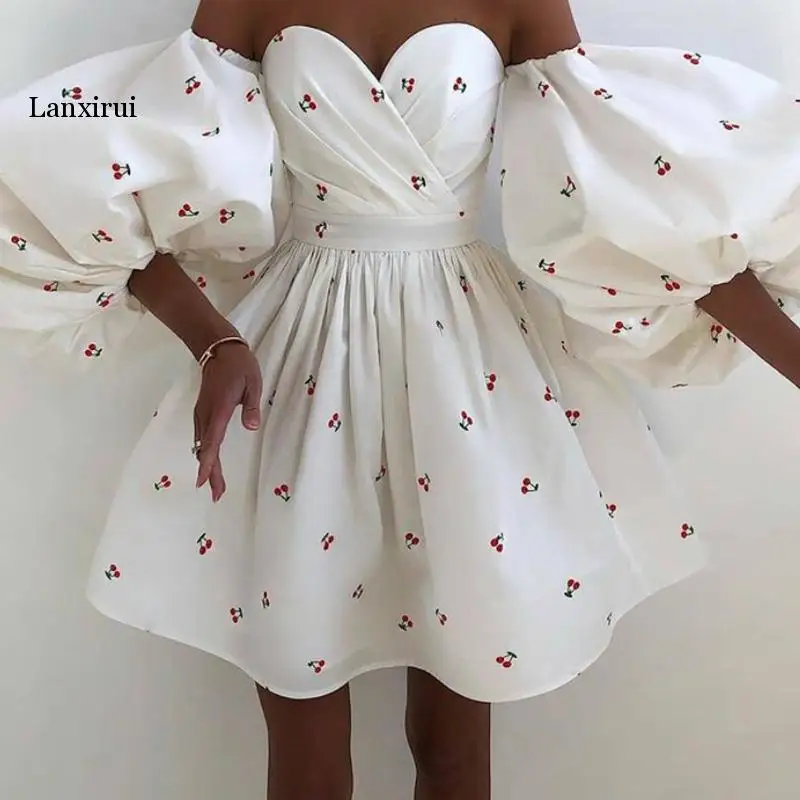 

Sexy Lantern Sleeve Party Dress Elegant Polka Dot Print Vintage Bodycon Dresses Women Strapless Off Shoulder Mini Dress Cover up