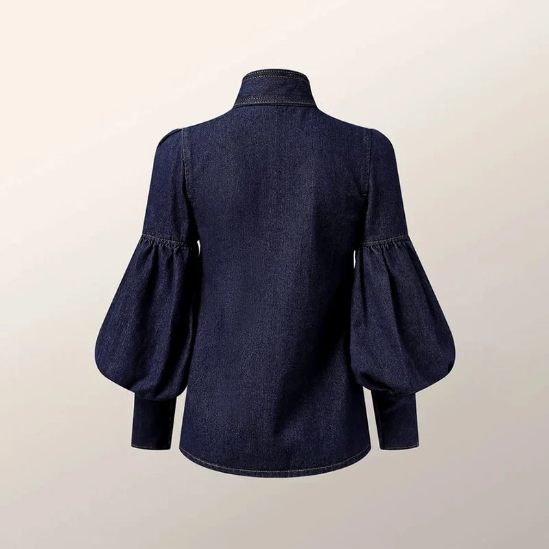 Chic Denim Lace Up Women‘s Shirt Fashion Loose Turn-down Collar Long Sleeve Female Shirts 2024 Sping Pocket Office Lady Top